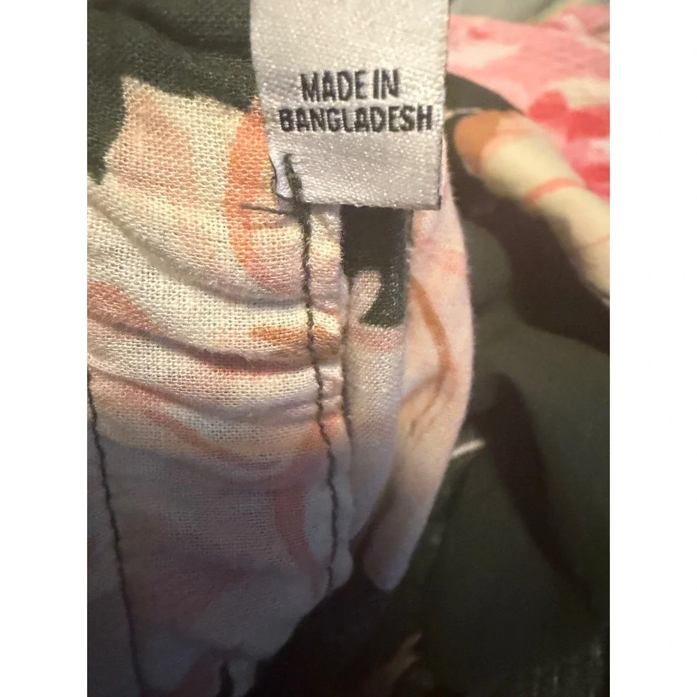 Mango MNG Floral Linen Blend Tapered Pants Green Peach XL High Waist Trousers